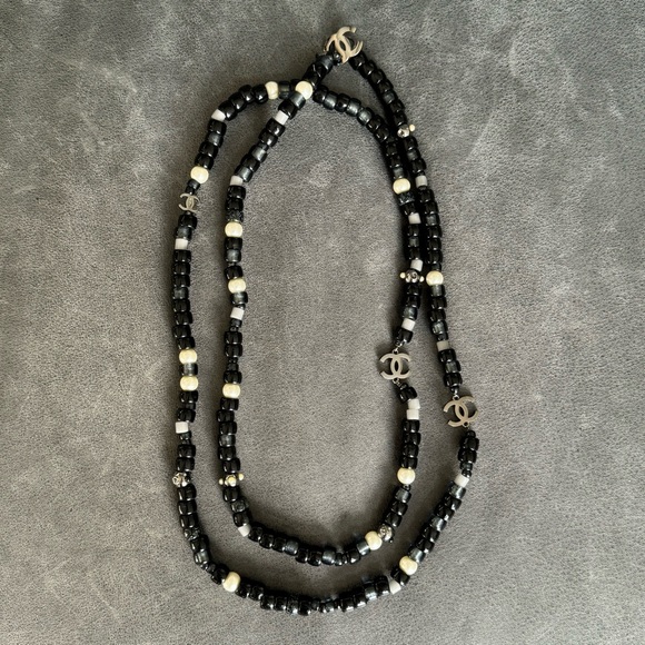 Chanel Pearl and Beads Logo Long Double Wrap Necklace in Black - Picture 2 of 2